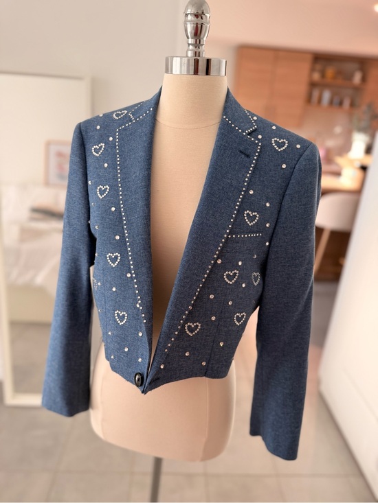 ynoadesigns Jackets & Blazers - Cropped Blue Pearl-Embellished Heart Blazer